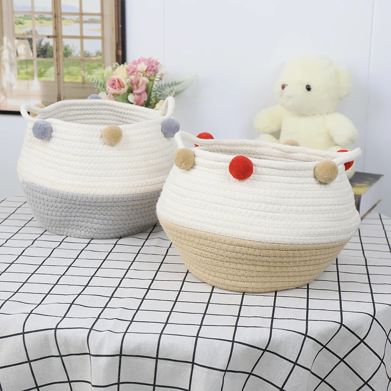 Cotton Rope Basket  folded collection basket  fur balls decoration  double handle design 1