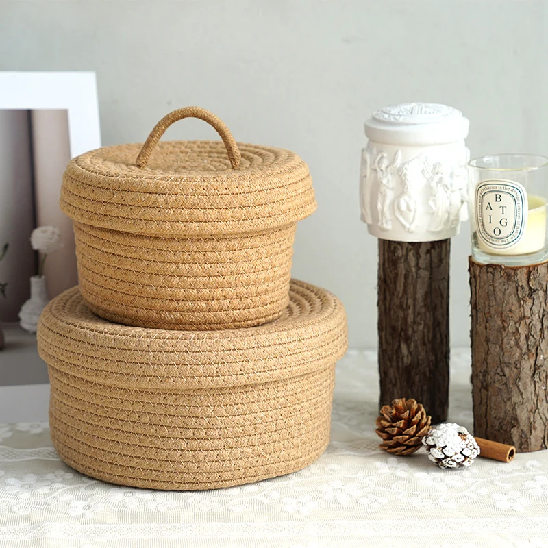 Cotton Rope Basket  brown cover with handle design    simple style   multi-function  collection basket 1