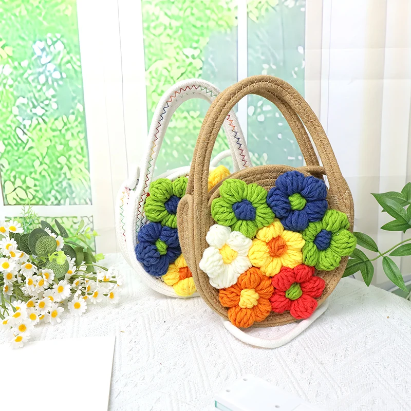 Bolsa de corda de algodão bolsa feminina de corda de algodão pequena bolsa de mão fresca de um ombro bolsa de flores 1