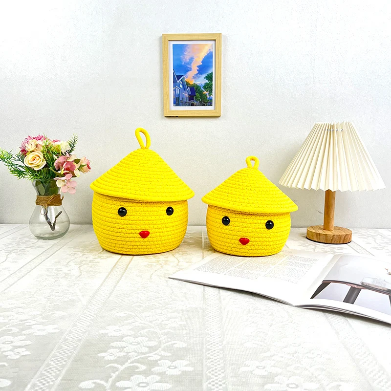 Cotton Rope Basket    basket body with lovely and simple small yellow chicken cartoon pattern    Triangle cone-shaped basket lid design 1