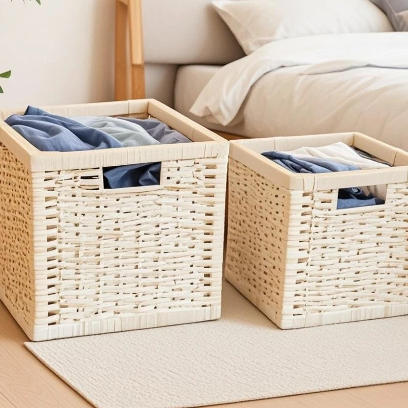 Paniers de rangement carré de saules conception de poignée latérale de couleur en bois 1