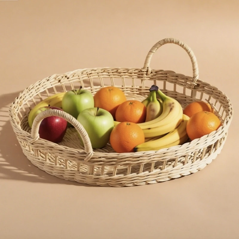 Round Rattan Tray Hollow Double Handle Design Desktop Storage Basket Fruitlay 1