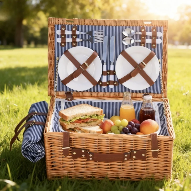 Large wicker picnic basket with room for tableware and food  Outdoor picnic storage basket 1