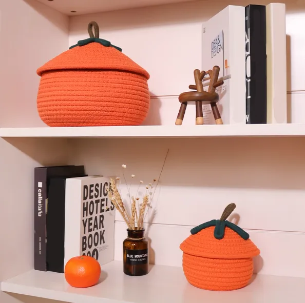 Cesta de calabaza tejida de algodón con tapa para guardar dulces y artículos diversos. 1