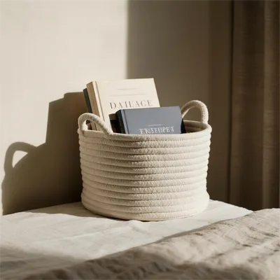 En touch av mildhet vid sängkanten: en korg av bomullsrep för läsning vid sängkanten, som erbjuder värme inom räckhåll