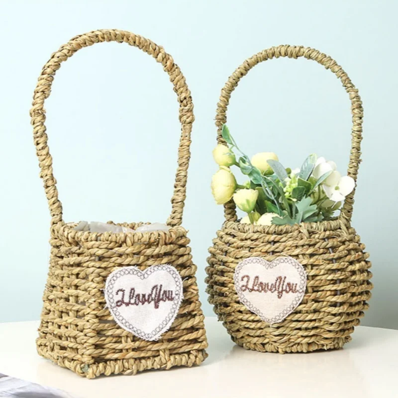 Cesta de flores de palha trançada à mão, vaso para flores frescas, decoração de mesa para sala de estar. 1