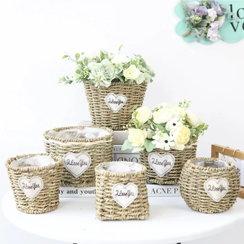 Vasos e cestos de palha trançada em diversos estilos, cestos decorativos para plantas verdes. 1