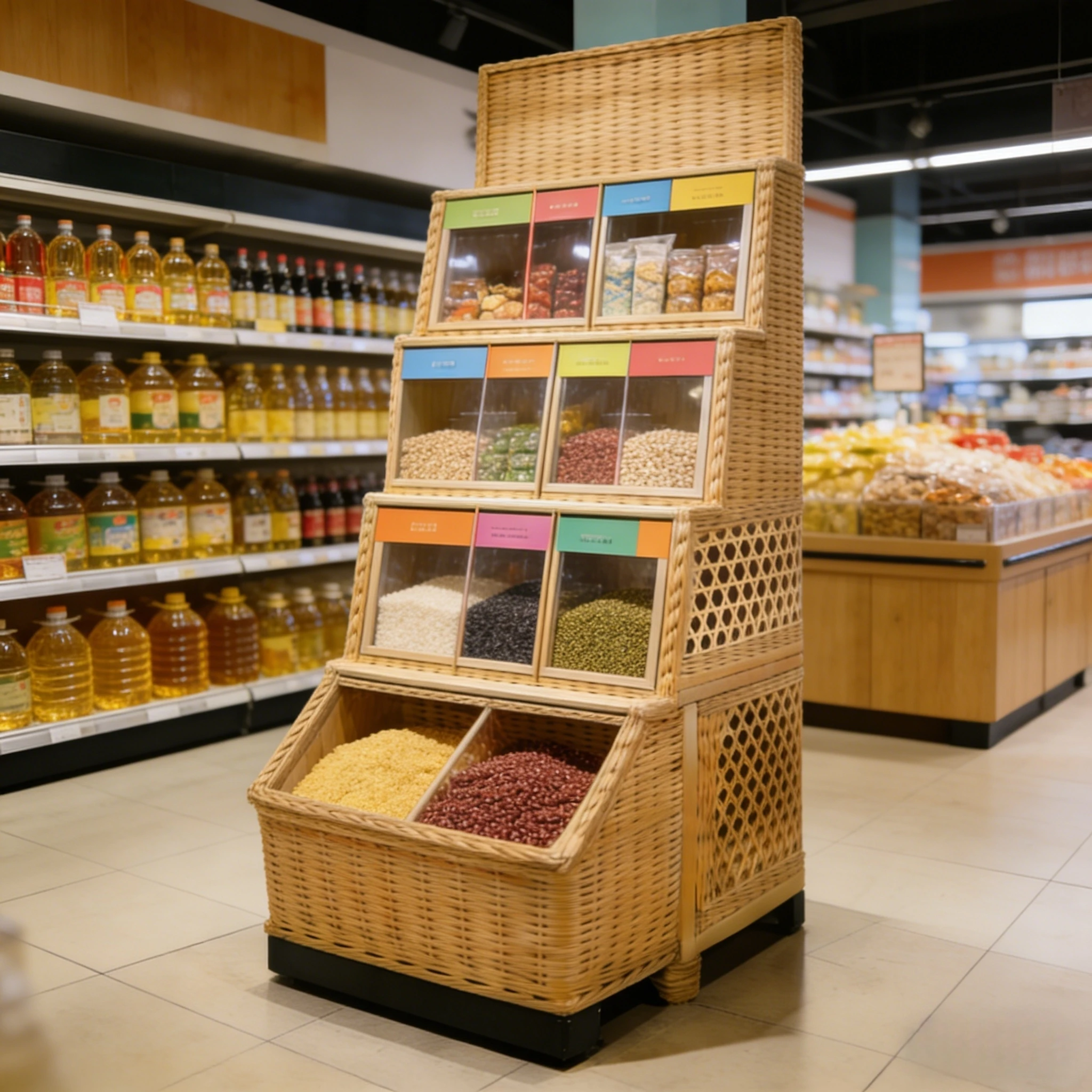 Warm-Colored Grid Storage Cabinet – A Customizable Supermarket Display Solution for Merchandise Presentation. 1