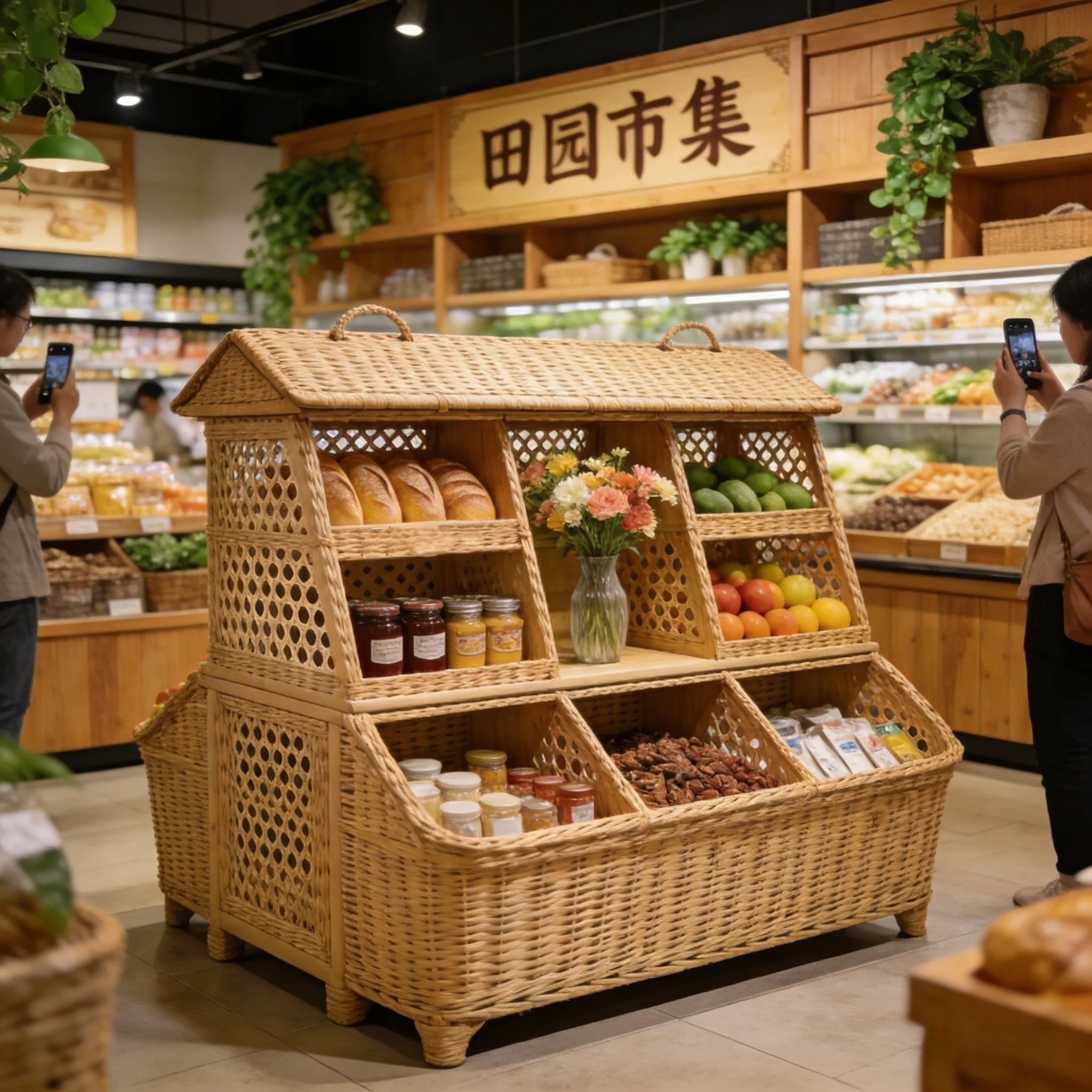 Storage Basket with Shopping Rack  Multipurpose Wicker Woven Display Rack for Supermarkets 1