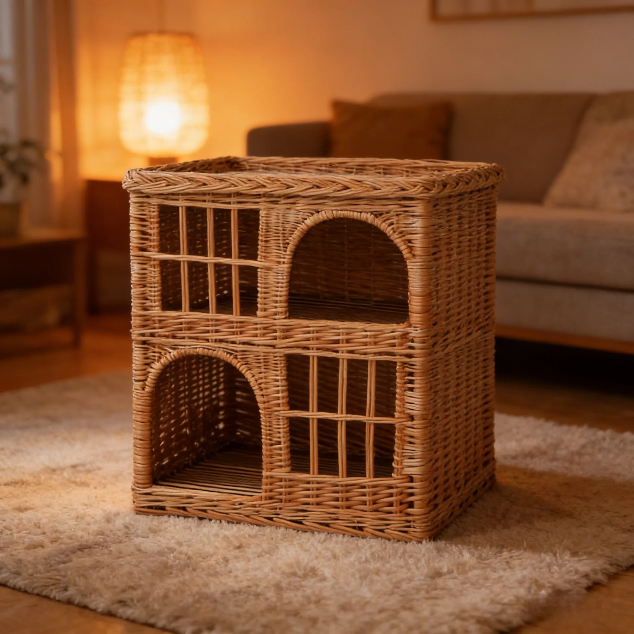 Nido per animali domestici in vimini intrecciato a doppio strato con porte ad arco realizzate a mano, progettato per più animali domestici 1