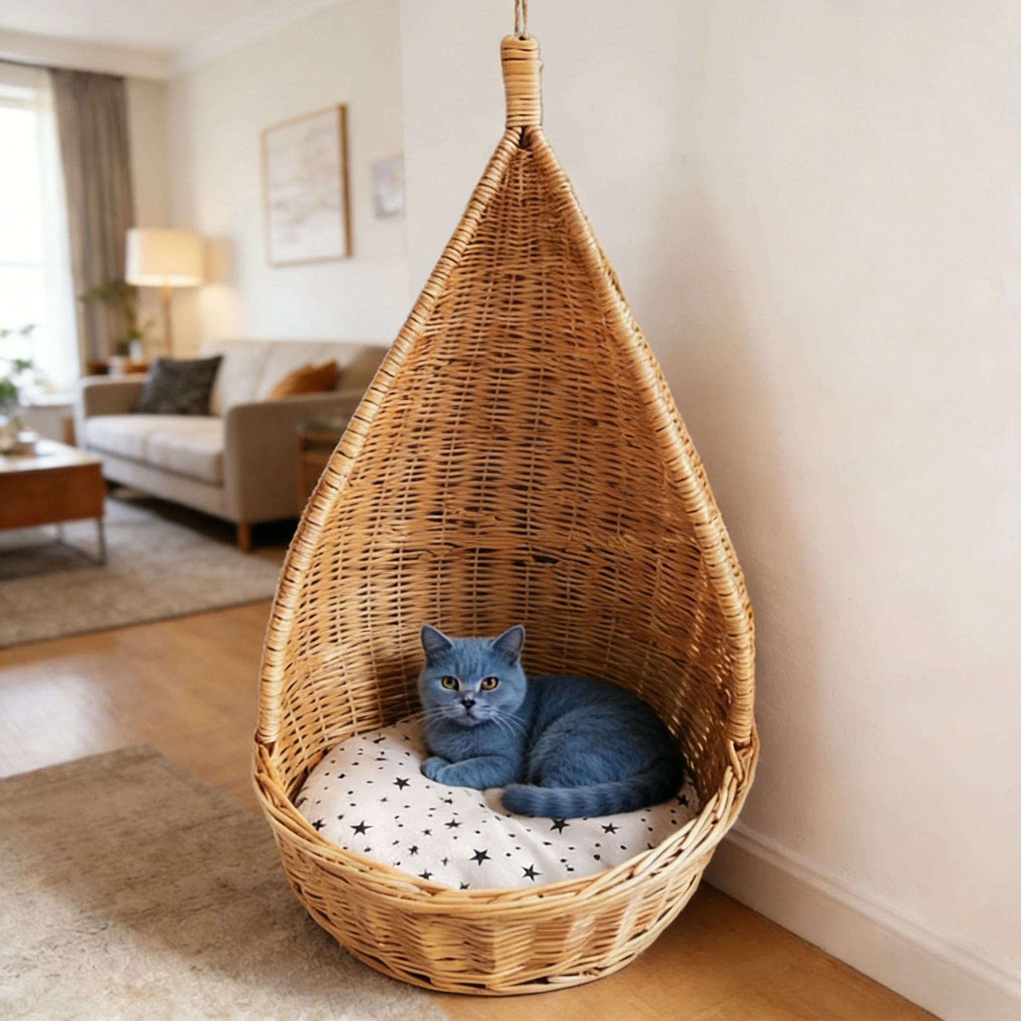 Handgefertigtes Katzenbett aus Rattan in Tropfenform | Individuell gestaltbares Haustiernest für Katzen und Kleintiere | Hängendes und Bodennest mit Kissen 1