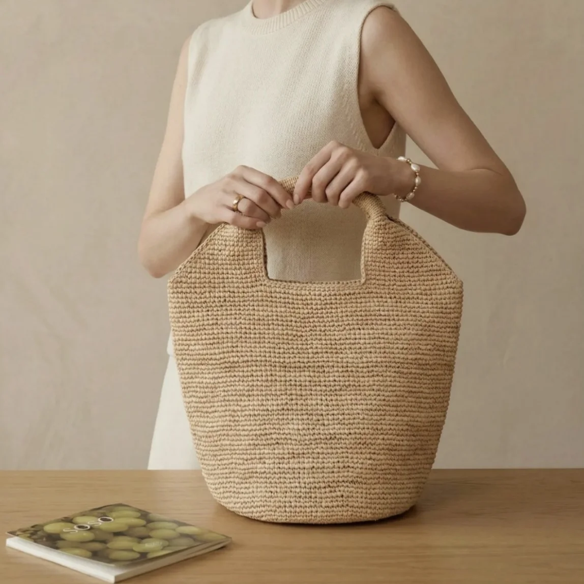 Handgeweven draagtas van natuurlijk raffia, casual schoudertas van stro voor dagelijks gebruik en vakantie. 1