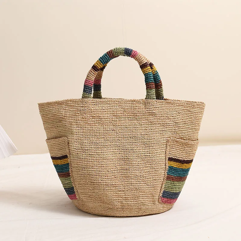 Contrast Color Pocket Raffia Tote Bag Handwoven Drawstring Casual Daily Shoulder Bag Large Capacity Vacation Woven Bag 1