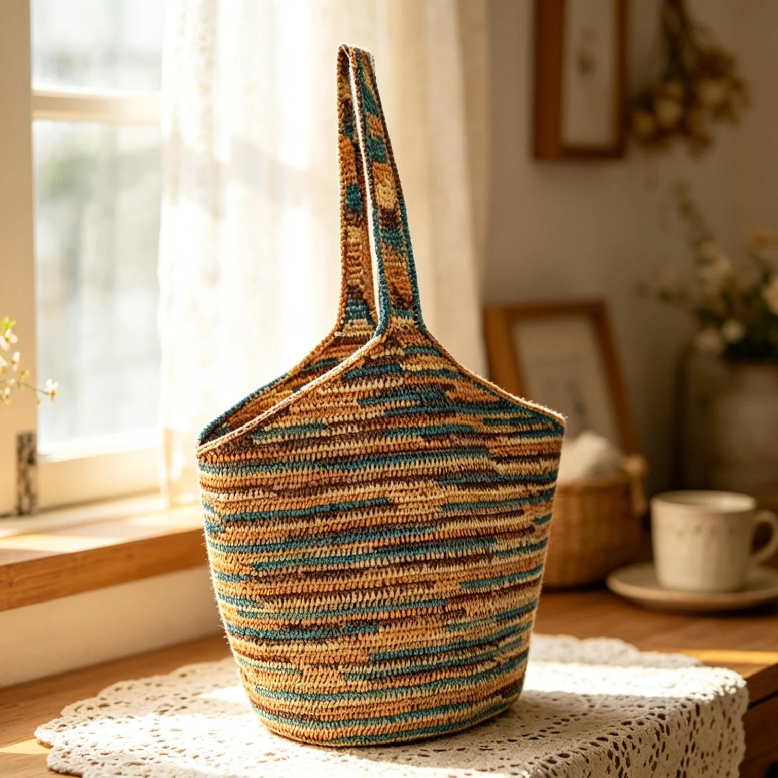 Gradient Dyed Mixed Color Raffia Tote Bag Retro Lazy Style Large Capacity Shoulder Bag Earth Tone Gradient 1