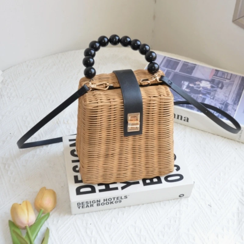 Retro-Handtasche aus Rattan, quadratisch, mit abnehmbarem, breitem Riemen, Damenhandtasche, Hand- und Umhängetasche, Reisetasche 1