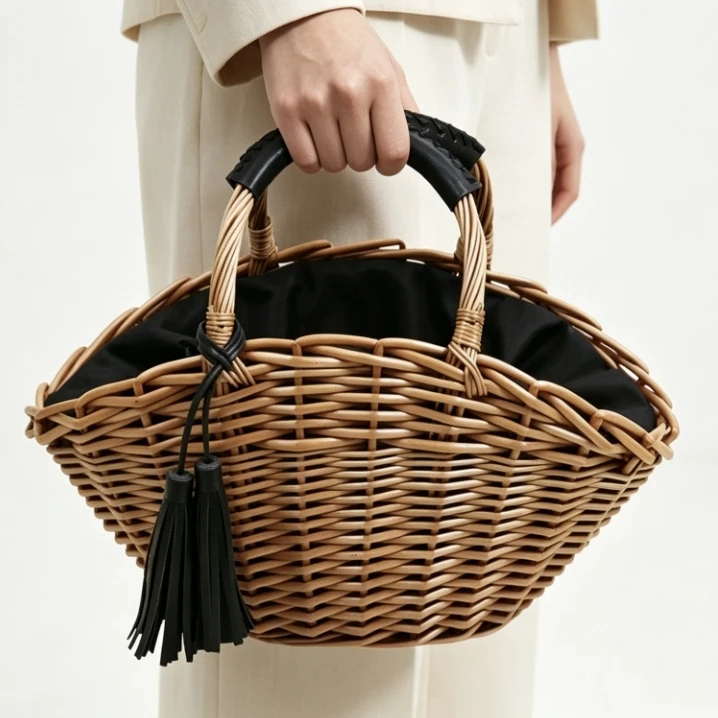 Weidenkorbtasche mit Quasten, gefütterte Handtasche aus Weidengeflecht, Retro-Marktkorbtasche, minimalistische, individuell gewebte Schultertasche – Produktbeschreibung 1