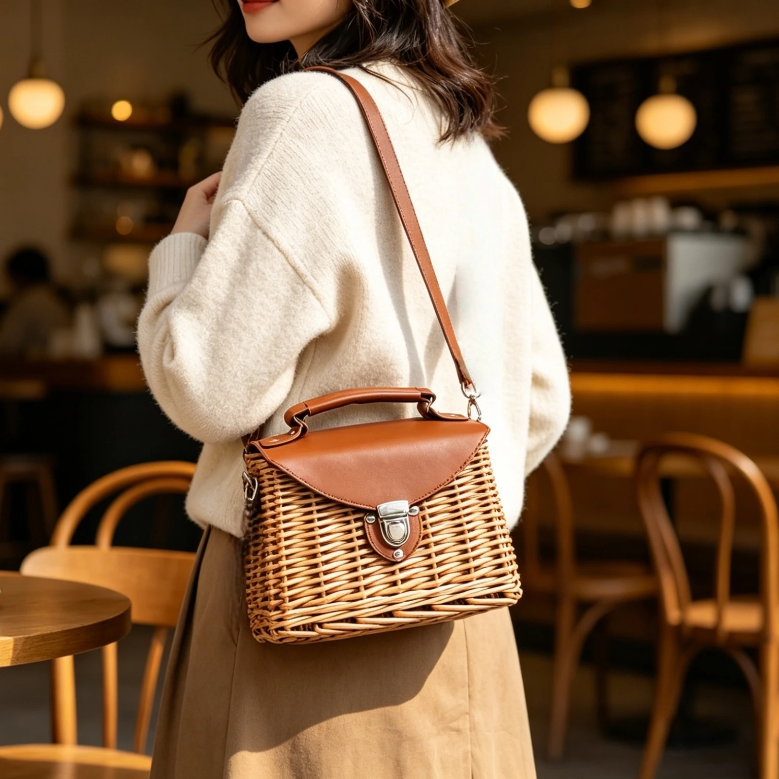 Basketgem Lockable Wicker Box Shoulder Bag, Leather Flap Willow Woven Purse, Detachable Strap Crossbody Wicker Bag, 1