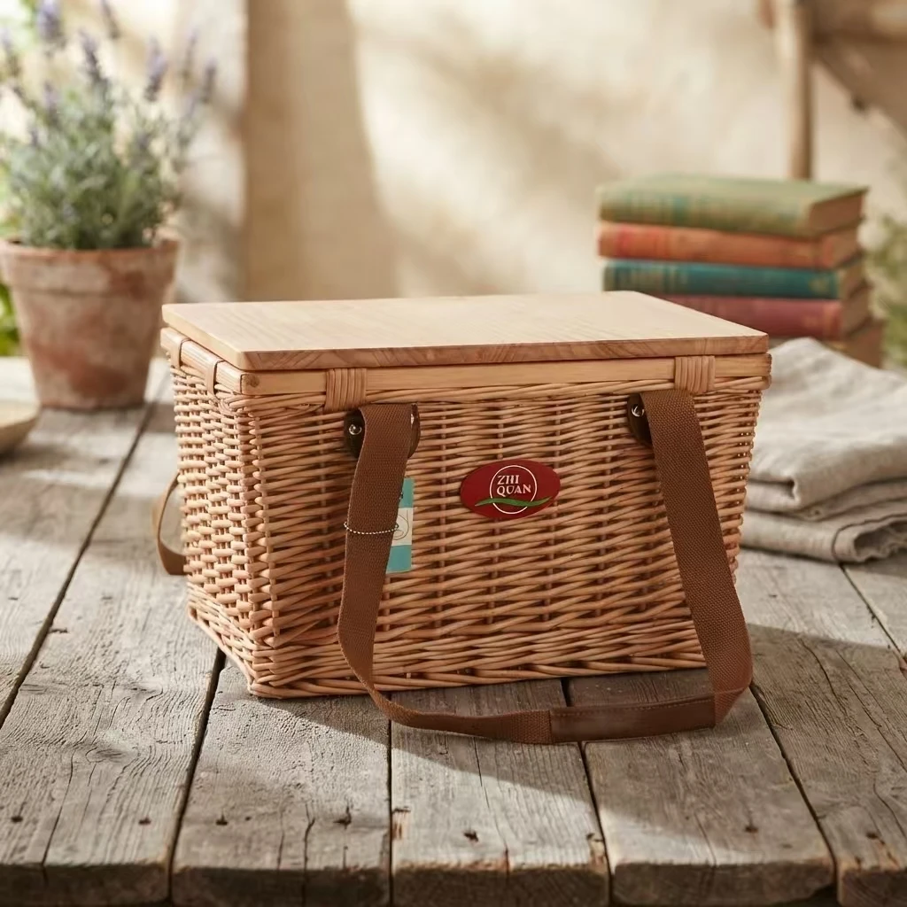 Op maat gemaakte rieten picknickmand met houten scharnierend deksel en handgrepen | Handgeweven opbergmand 1