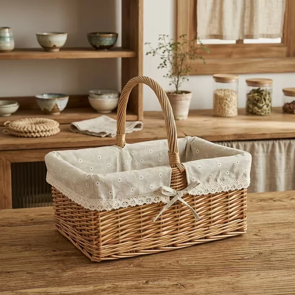 Vierkante handgeweven wilgenhouten opbergmand met klapdeksel | Handzame rieten organizer 1