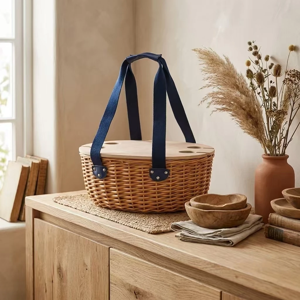 Geïsoleerde picknickmand van riet met houten deksel en afneembaar picknicktafelblad. 1