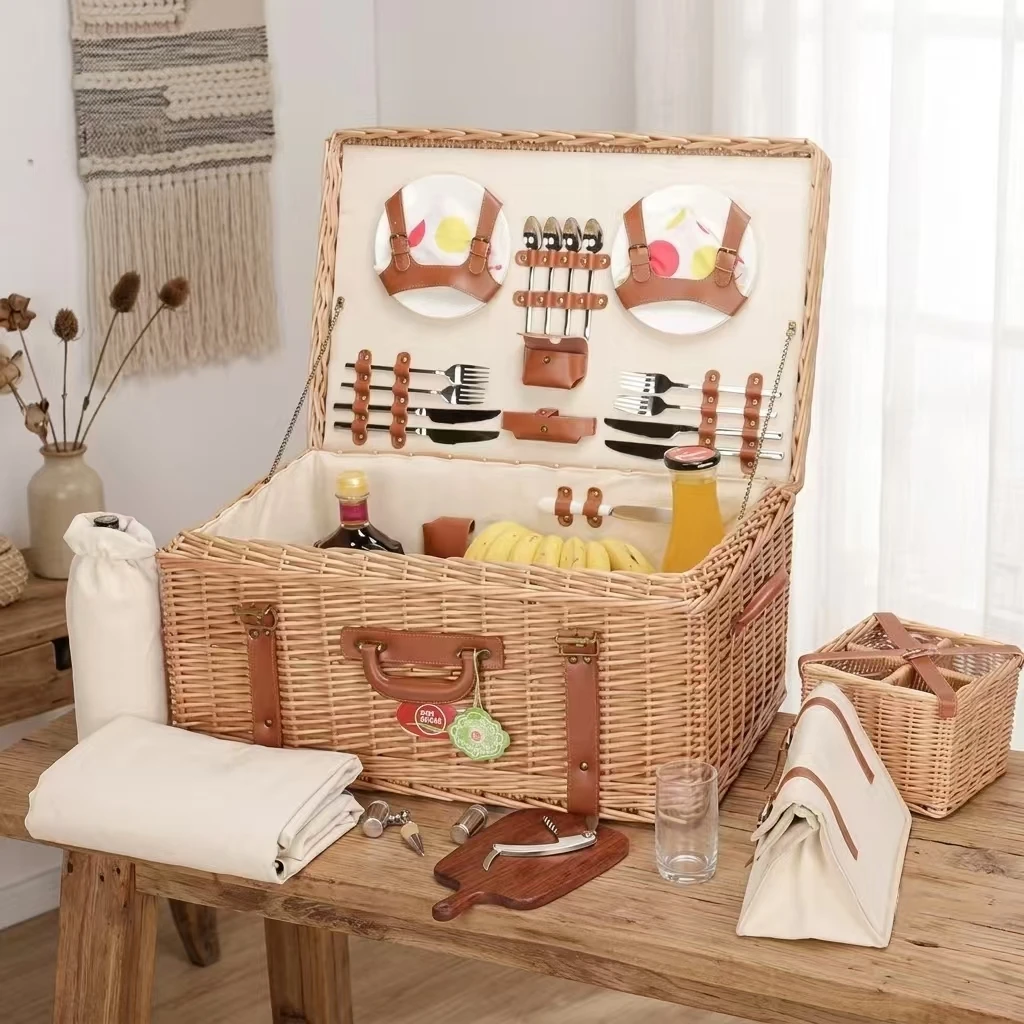 Handgeweven picknickmand van wilgenhout met meerdere compartimenten en klapdeksel | Opbergmand voor buiten 1