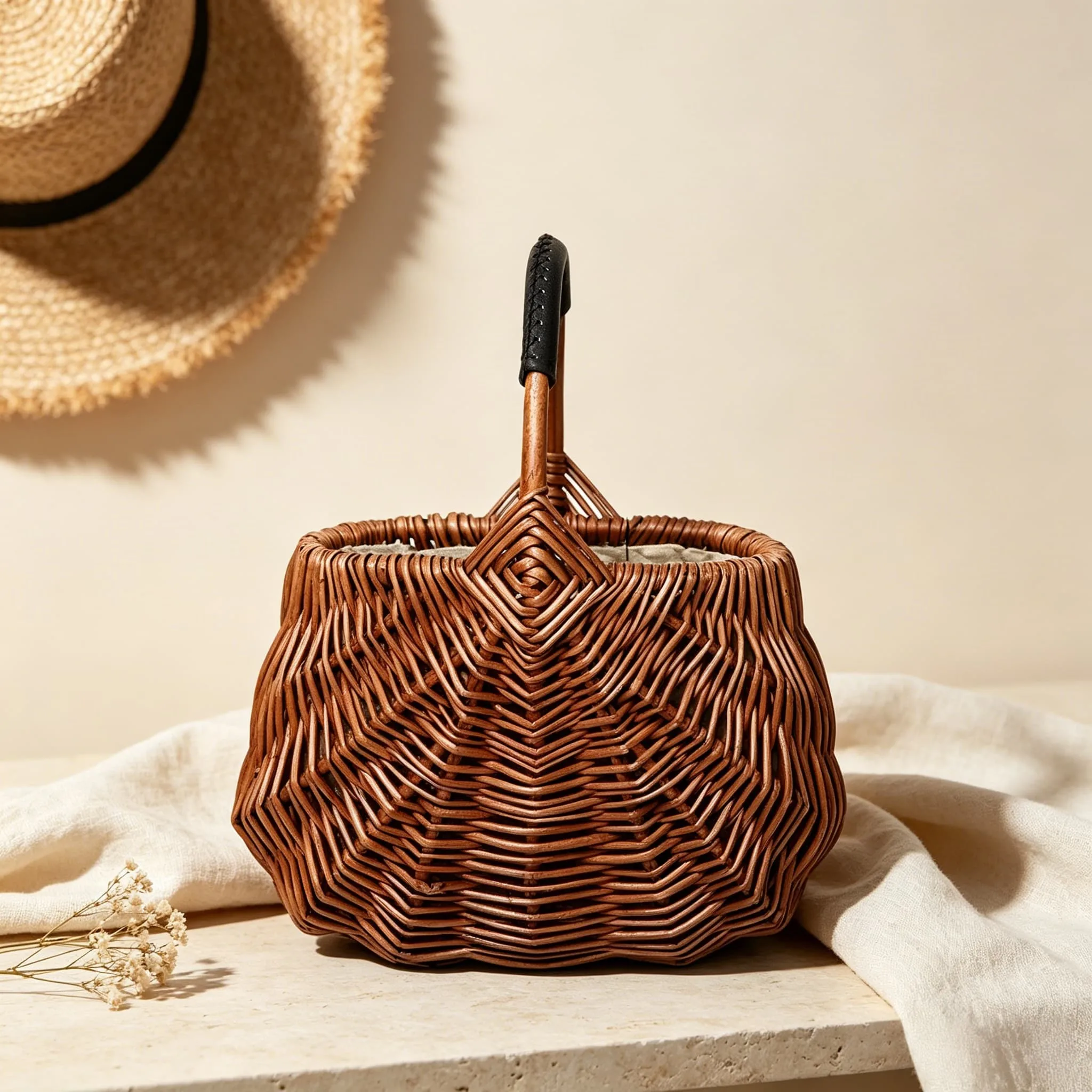 Hand‑woven wicker handbag with diamond pattern and wavy edges 1