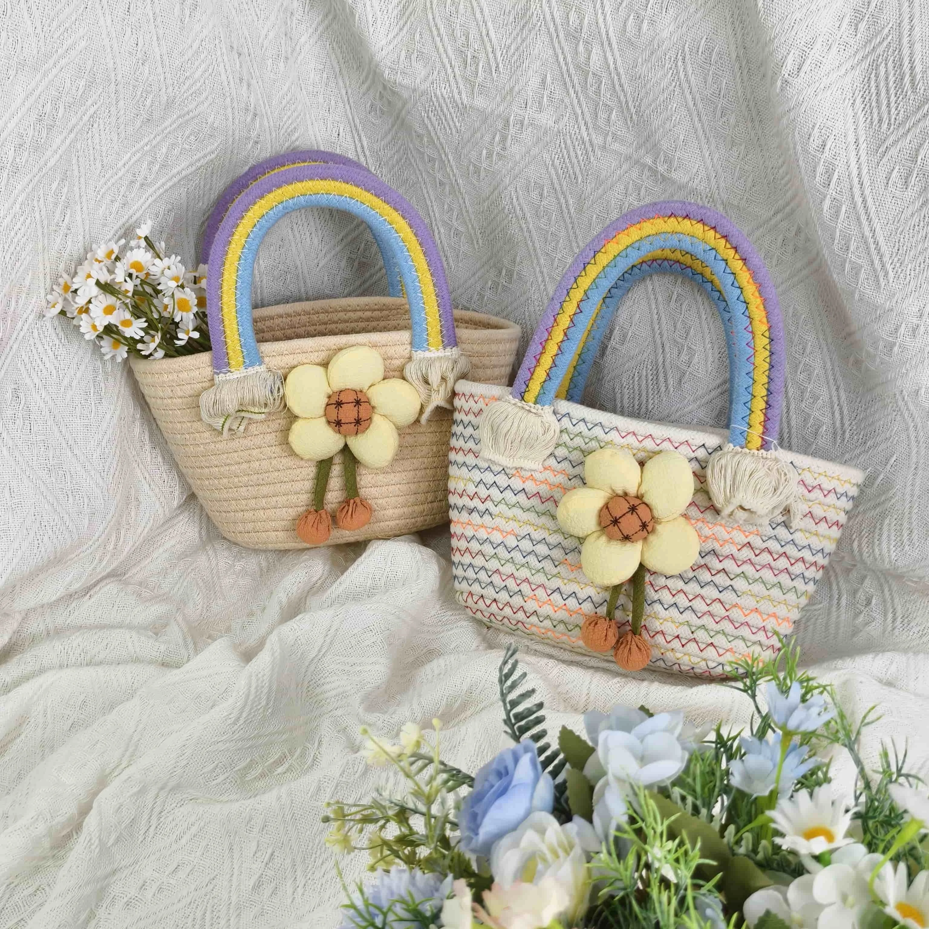 Small fresh Cotton Rope Bag with rainbow flowers 1