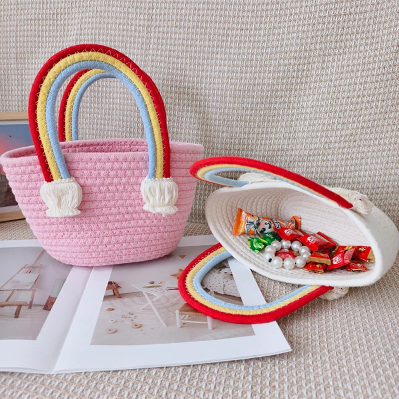 Basket Gem -Hand cotton rope kids handbags with rainbows and clouds -snacks storage bag fresh and sweet 1