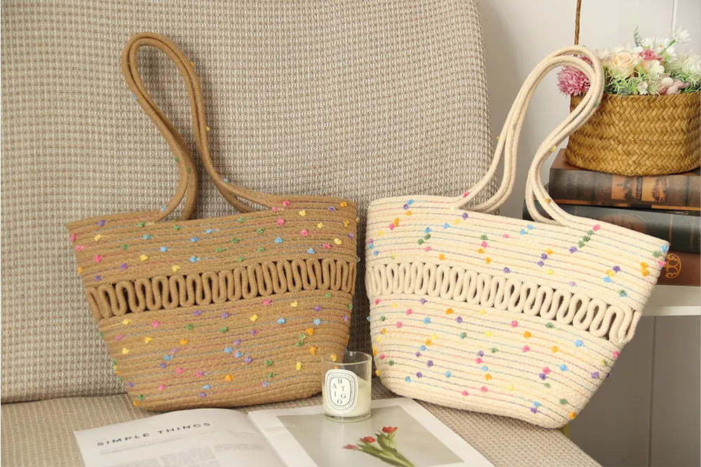 Basket Gem  One-shoulder and Open Carving  Large Capacity  Cotton Thread Bag  Environmental Materials   Degradable-1 8