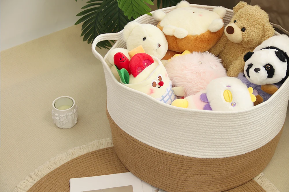 Large size and hand-woven   cotton rope weaving  double-color laundry Basket  folded basket 1