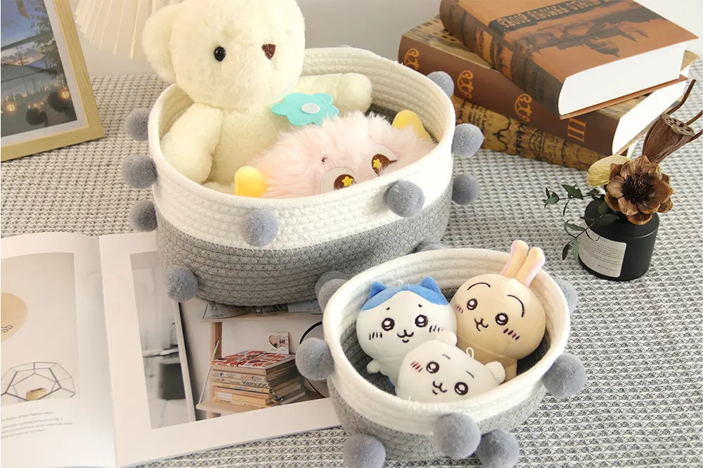 North European Style Cotton Rope Basket with Fur Balls and Matching Color Design-1 3