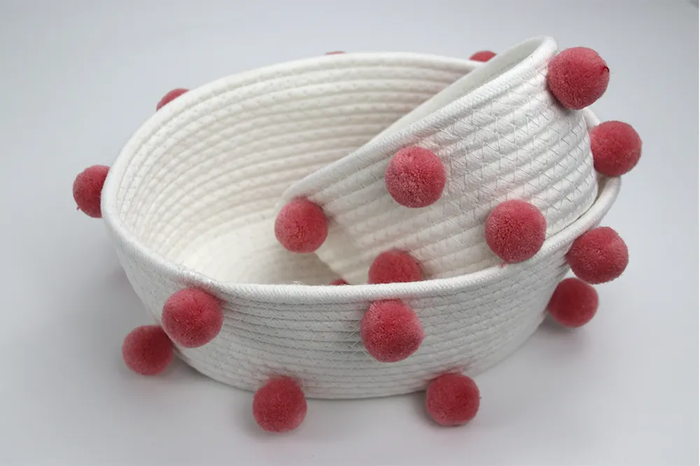 North European Style Cotton Rope Basket with Fur Balls and Matching Color Design-1 9
