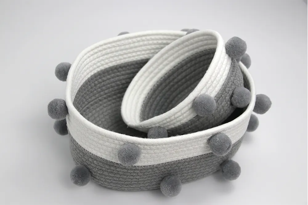 North European Style Cotton Rope Basket with Fur Balls and Matching Color Design-1 8
