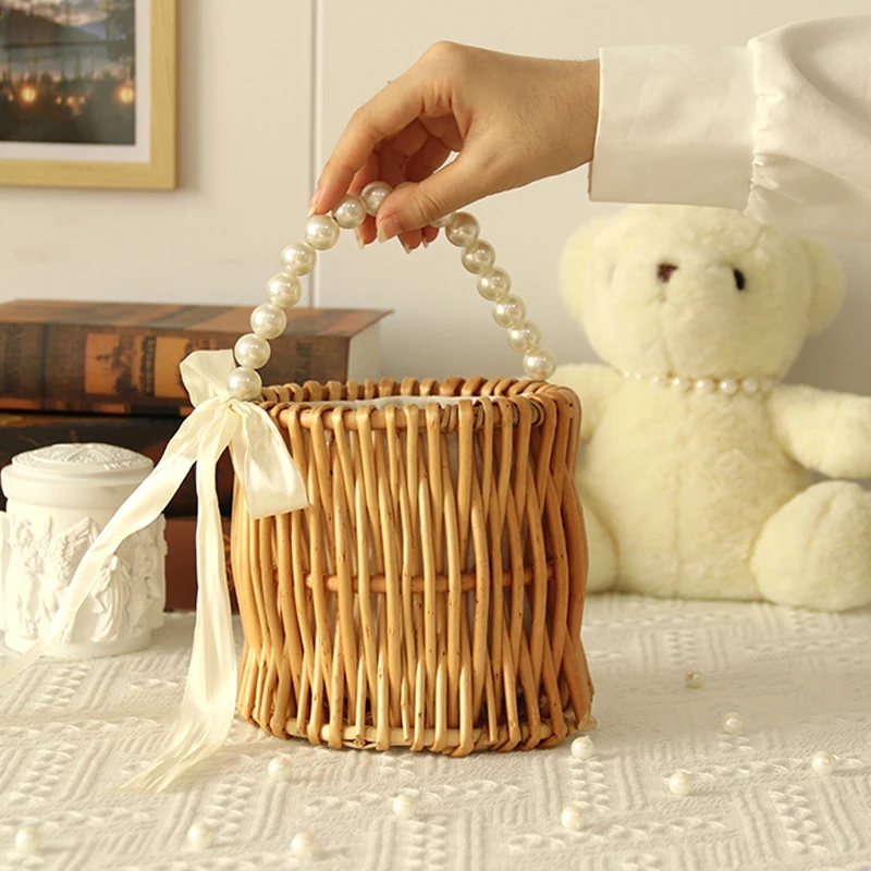 Basket Gem  wicker handbag with bucket shape   pearls handle   fashion light and durable 1