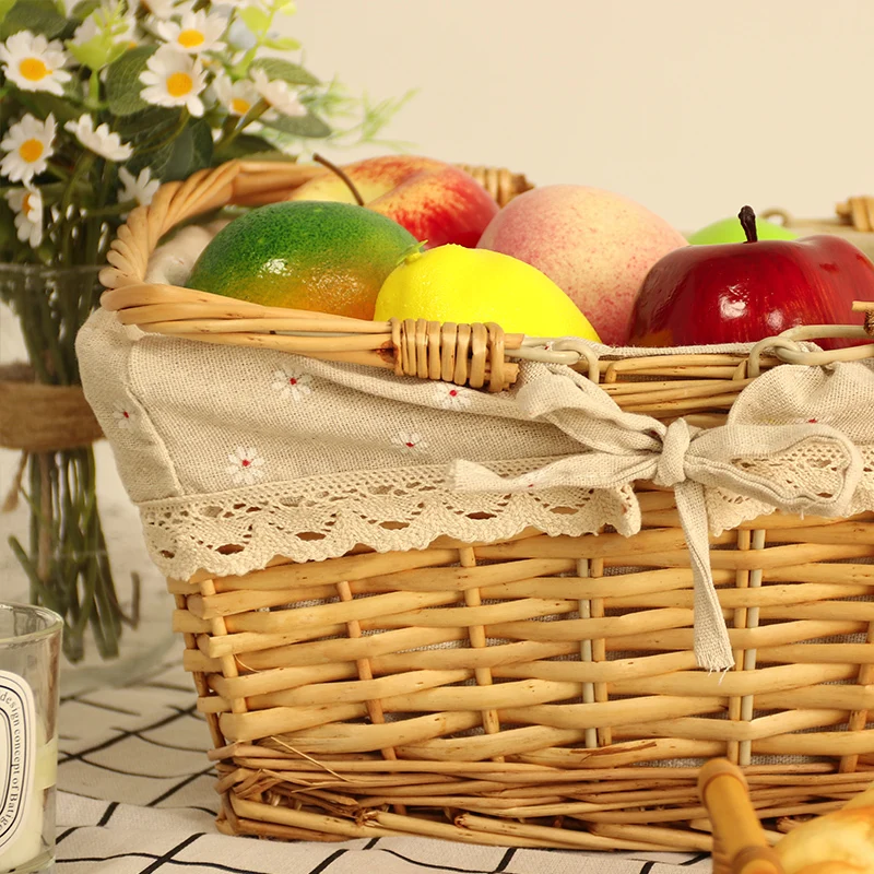 方形柳木野餐籃，雙手柄，棉麻襯裡 1