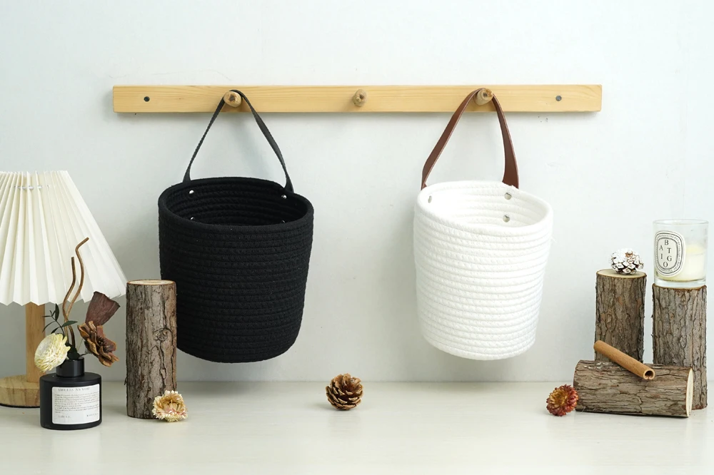 Bomull rep korg vägghungtyp svart läderhandtag järn nagel fast design växt och blomkorg 1