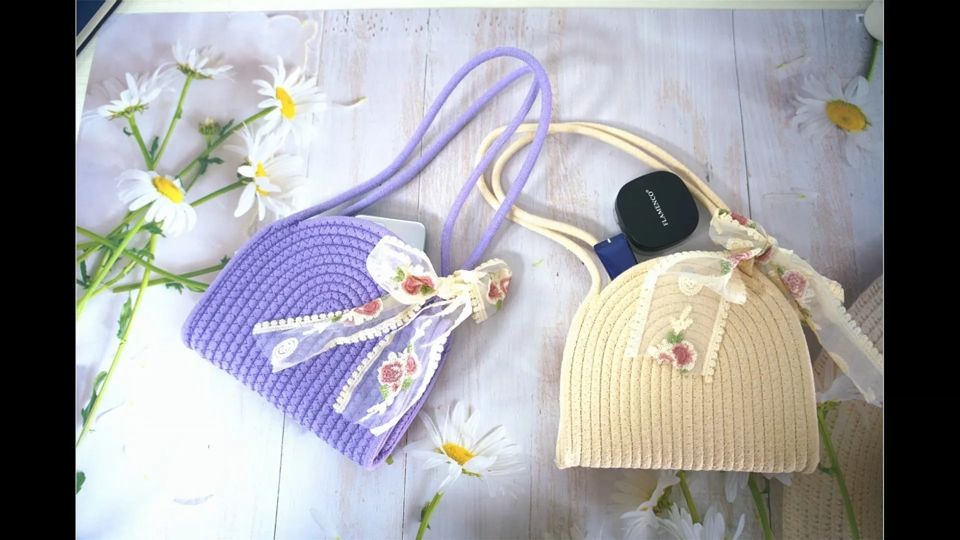 Borsa in corda di cotone manico in corda di corona con decorazione del nodo a fiocco in pizzo 1