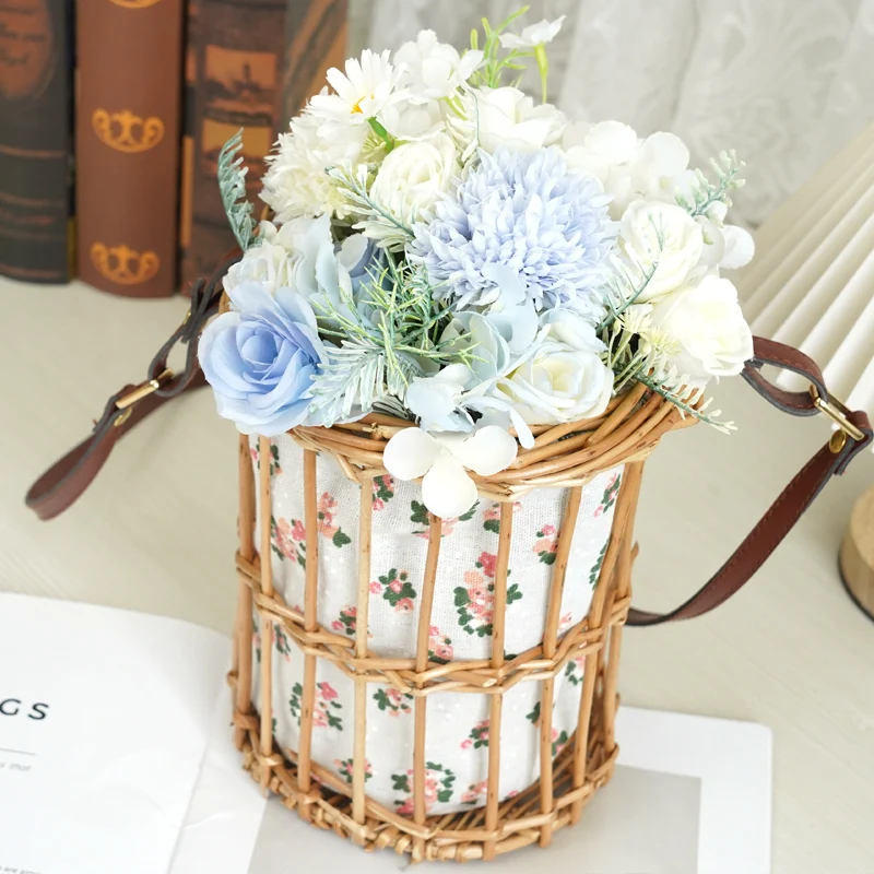 Willow Flower Basket Hung Hung Long Leather Handle Design cilíndrico Forma Floral Floral Finions de Floral 1