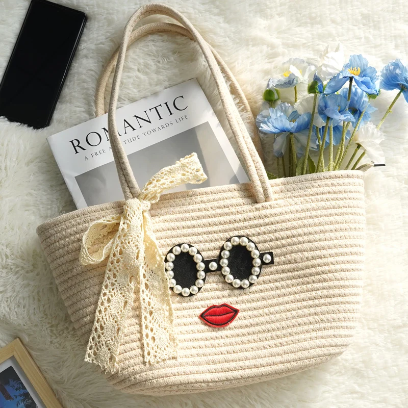 Cotton Rope Bag  personalized cotton thread bag      Smooth zip design  bow knot decoration  inside with large capacity 1