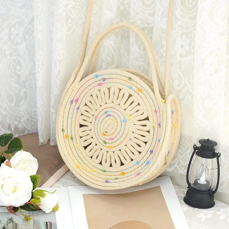 Sacca di corda di cotone femmina mini semplice sacca tonda di minoranza design e borsa a cross-body 1