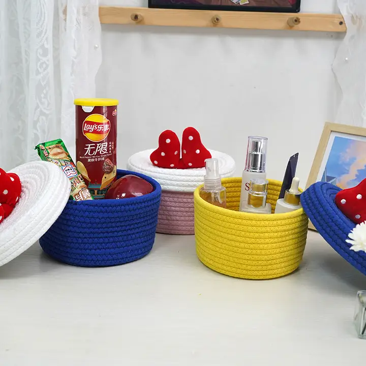 Katoenen touw mand katoenen touw opbergmand desktop opbergdoos met deksel decoratieve stippen grote capaciteit katoenen touw opbergmand ronde