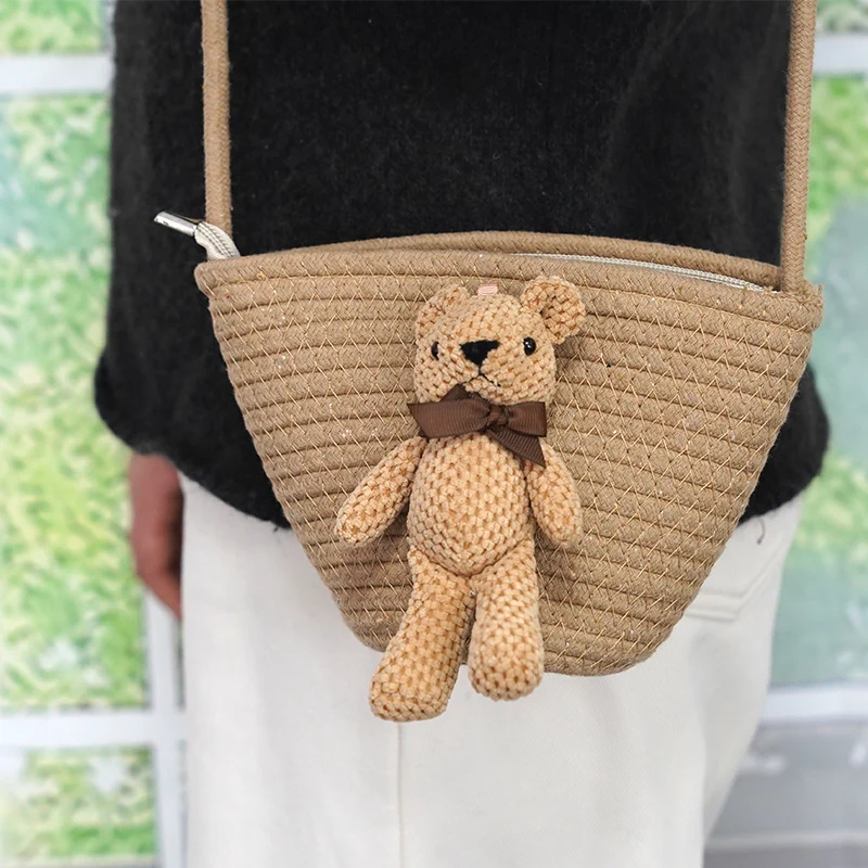 Borse per bambini in corda di cotone con ciondolo a forma di orso, tracolla regolabile, ecologiche &lt;000000&gt; Ordini personalizzati all&39;ingrosso 1