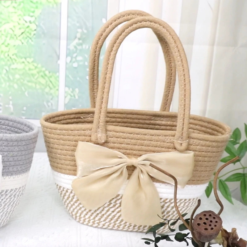 Cotton crochet bag    bag body main color laces bow knot decoration    double matching color design     Two colors 1