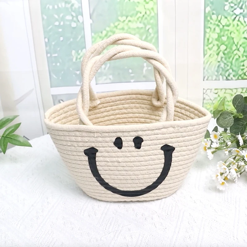 Sac en corde de coton, sac de rangement pour jouets, collation, motif de visage souriant, joli sac en fil de coton, sac à main pour femme et enfant 1