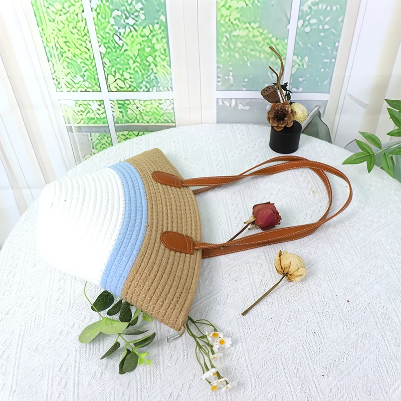 Sac en corde de coton Ins sac à bandoulière pour les déplacements sac de plage décontracté haut de gamme à la mode sac à bandoulière en cuir corps de sac avec un design de couleur assortie 1