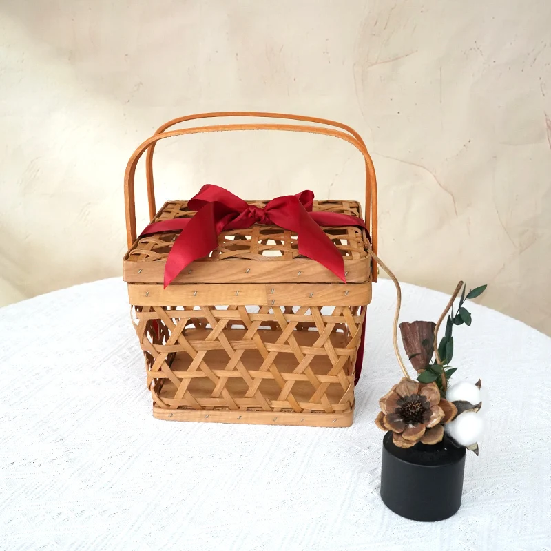 Natural style wooden lid basket handle storage basket, wooden storage basket, gift basket 1