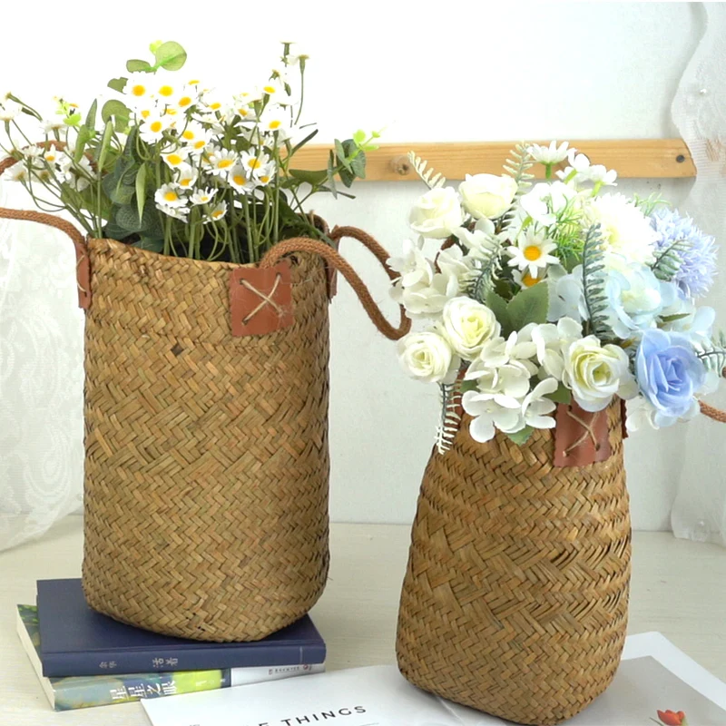 Forest style natural style straw woven portable flower pot, deep barrel design, suitable for large plants 1
