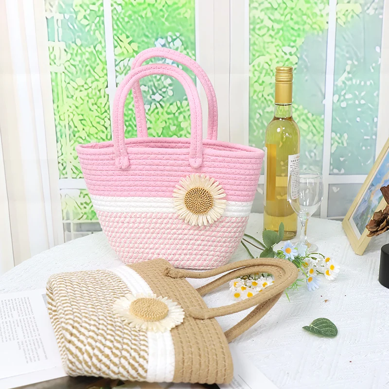 Sac en coton au crochet avec décoration de fleur de marguerite simple, longue poignée double, style simple et décontracté 1