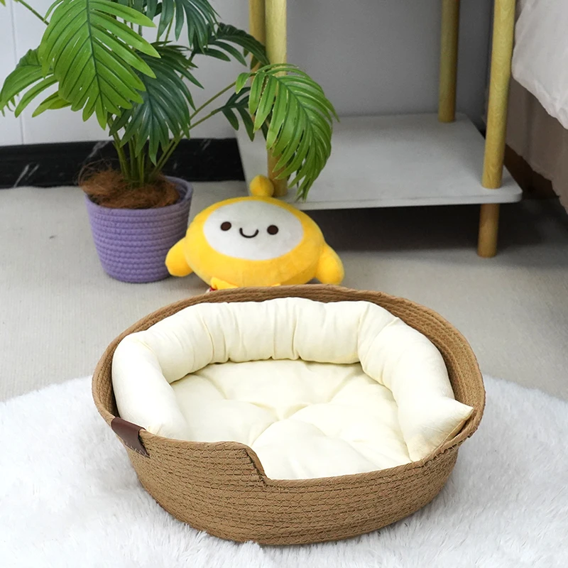 Cattail Straw Cat Bed，With a Soft Cushion，Suitable for All Seasons， Simple-style Straw-woven Cat Bed 1