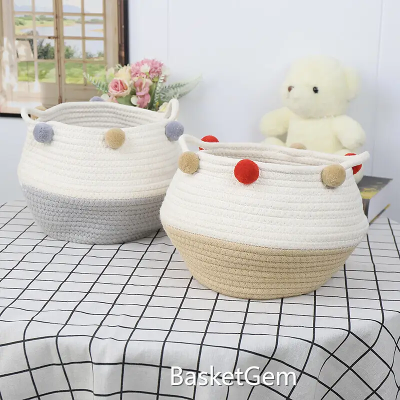 Cotton Rope Basket  Folded Collection Basket  Fur Balls Decoration  Double Handle Design-1 1
